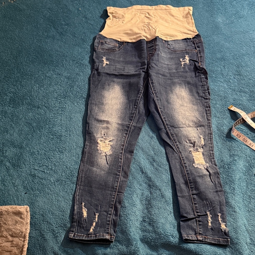 Dark Blue Distressed Skinny Maternity Jeggings